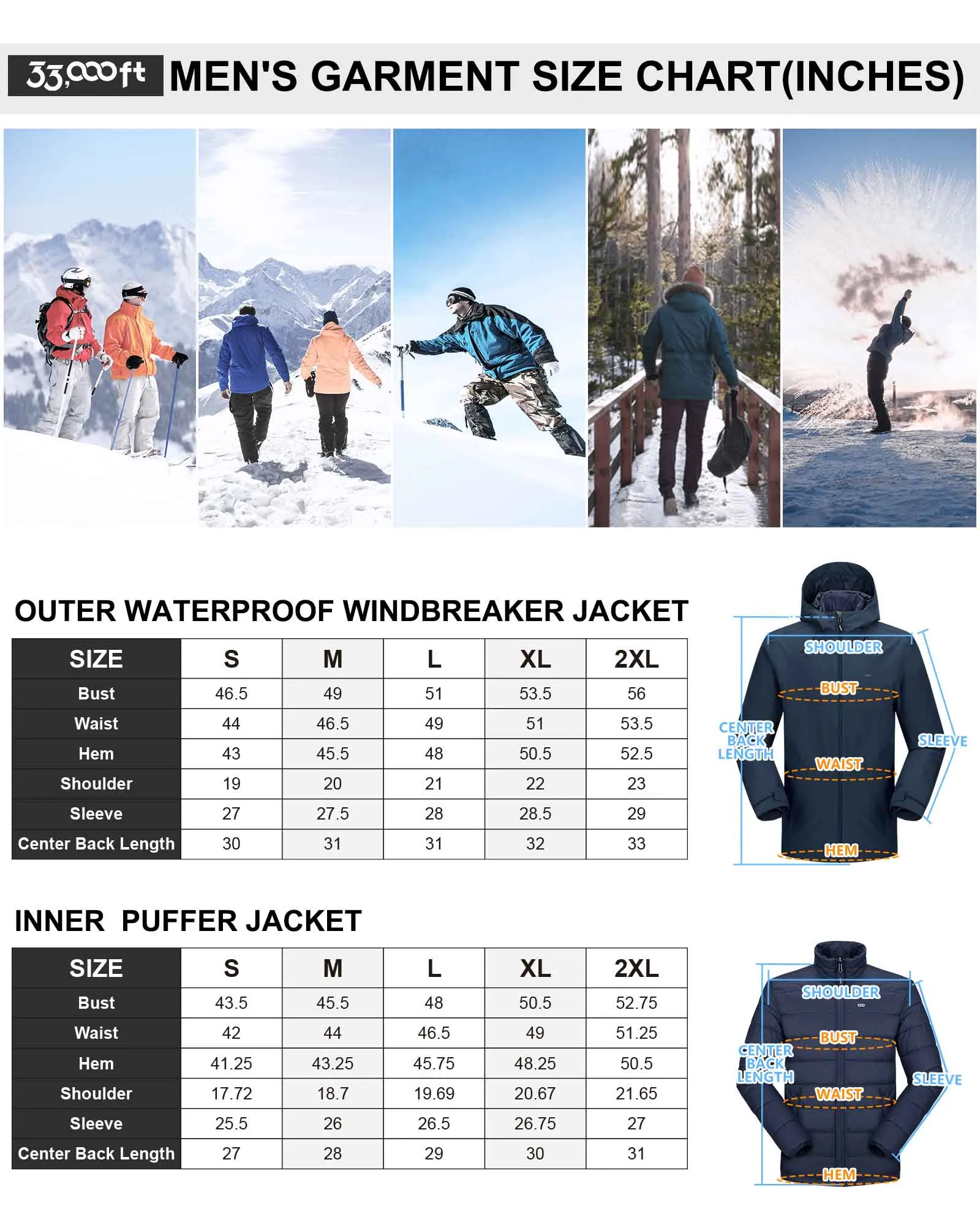 10000mm W/P Index 10000 Level Breathable Men's 3-in-1 Ski Jacket with 5 Pockets