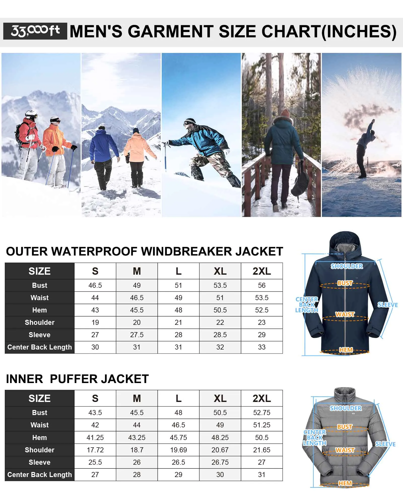 10000mm W/P Index 10000 Level Breathable Men's 3-in-1 Ski Jacket with 5 Pockets