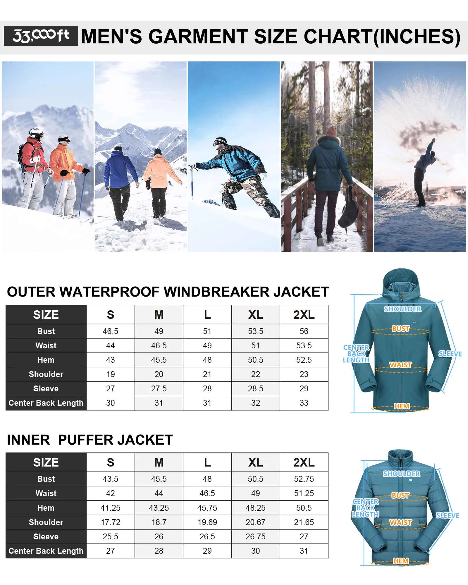 10000mm W/P Index 10000 Level Breathable Men's 3-in-1 Ski Jacket with 5 Pockets