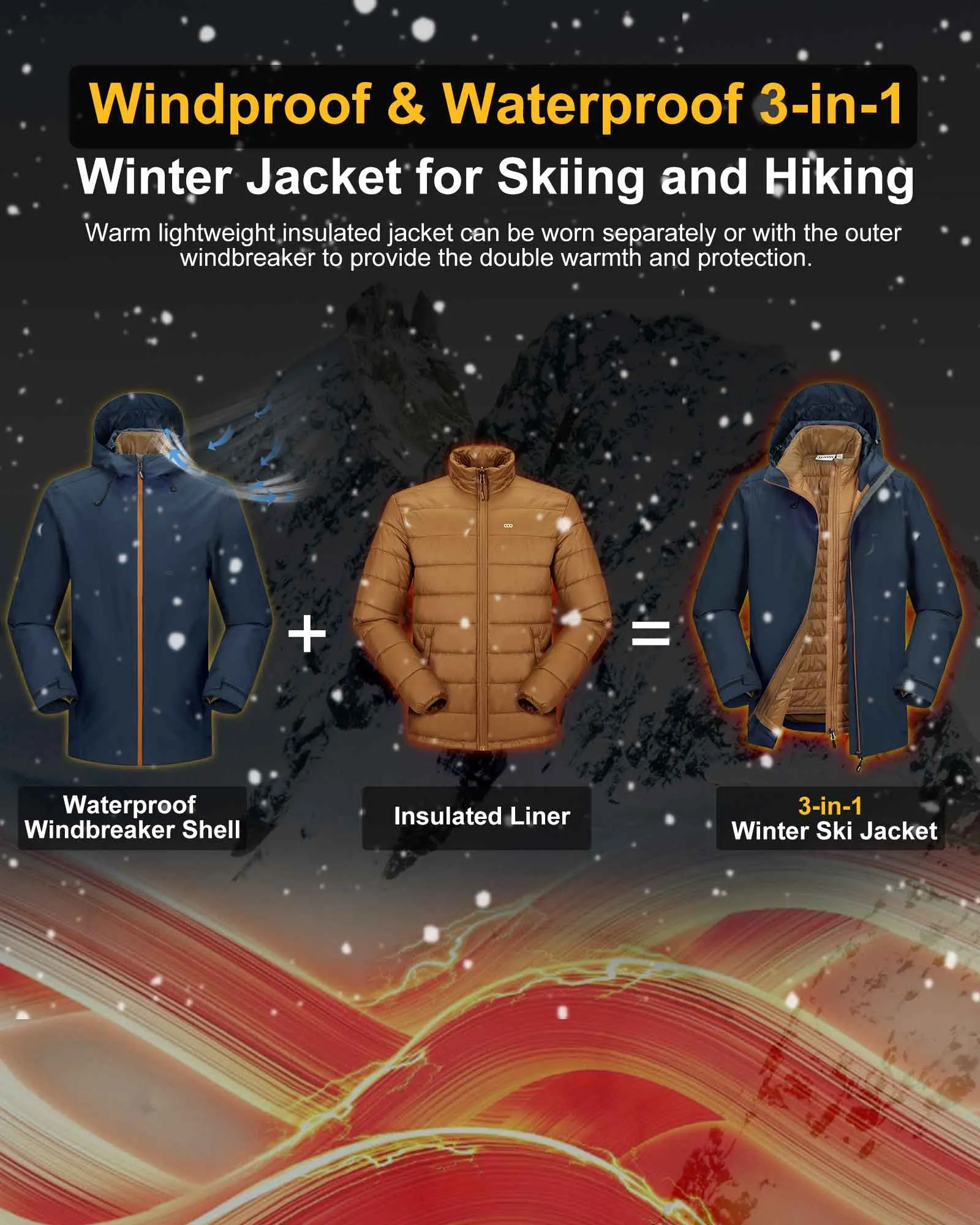 10000mm W/P Index 10000 Level Breathable Men's 3-in-1 Ski Jacket with 5 Pockets