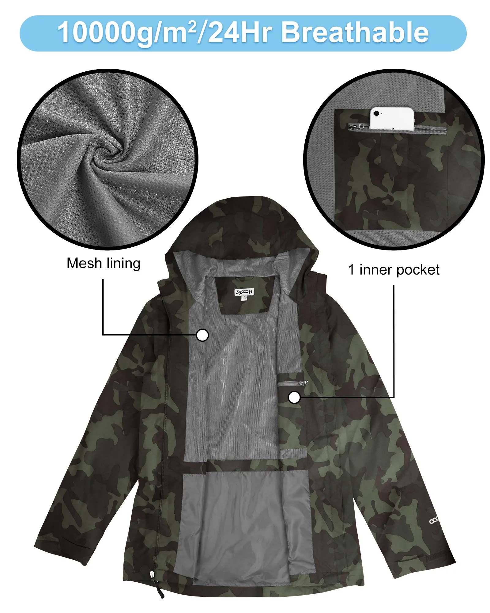 1.39 lbs 10000mm W/P Index 10000 Level Breathable Men's Packable Rain Jacket with 4 Multi Pockets