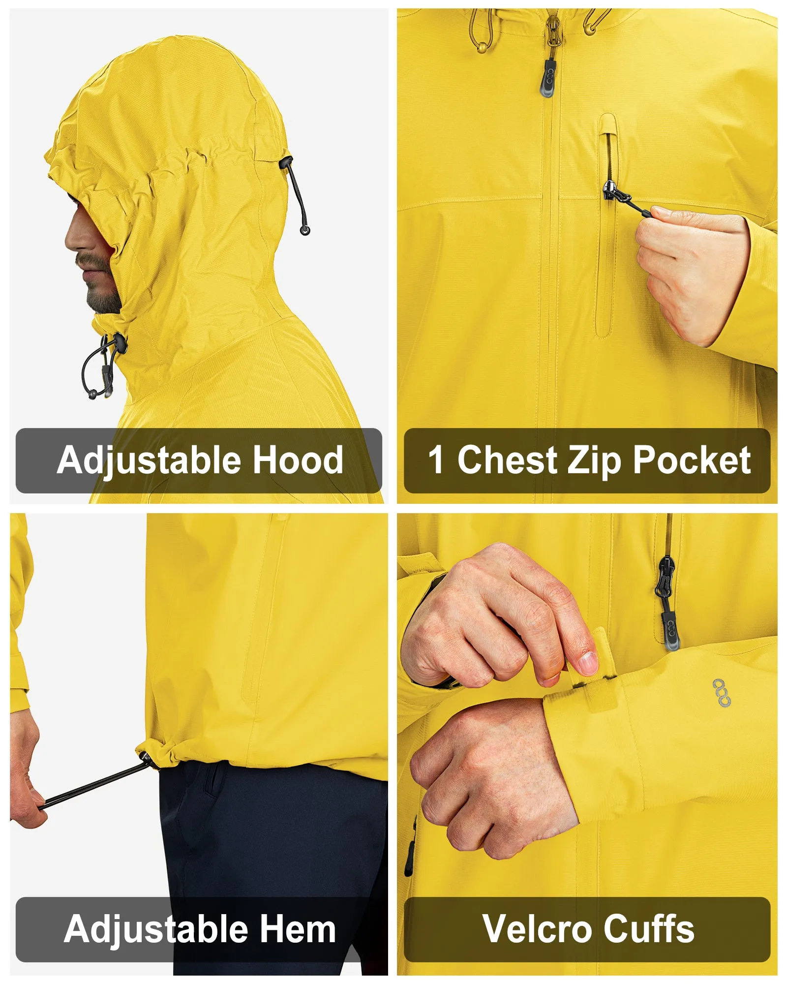 1.39 lbs 10000mm W/P Index 10000 Level Breathable Men's Packable Rain Jacket with 4 Multi Pockets