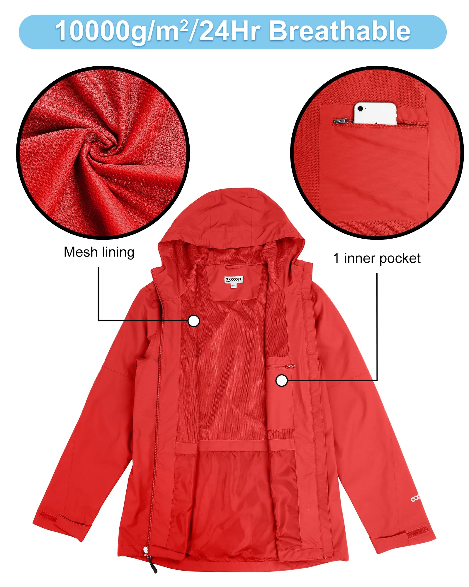 1.39 lbs 10000mm W/P Index 10000 Level Breathable Men's Packable Rain Jacket with 4 Multi Pockets