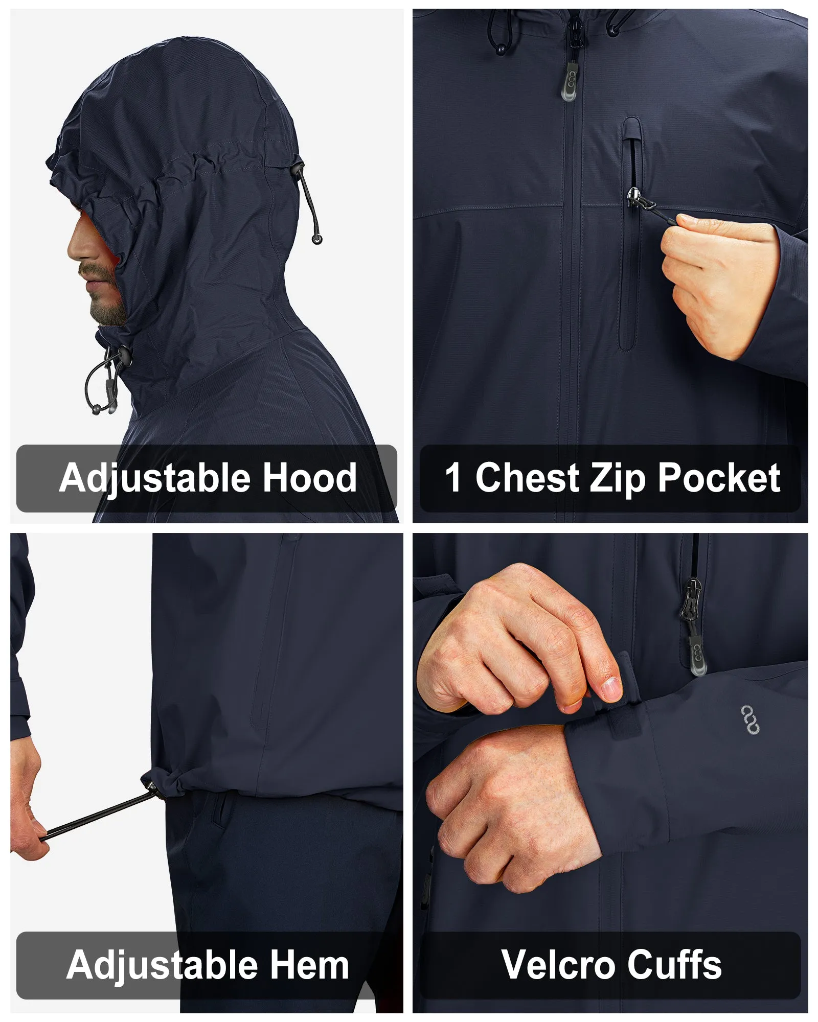 1.39 lbs 10000mm W/P Index 10000 Level Breathable Men's Packable Rain Jacket with 4 Multi Pockets