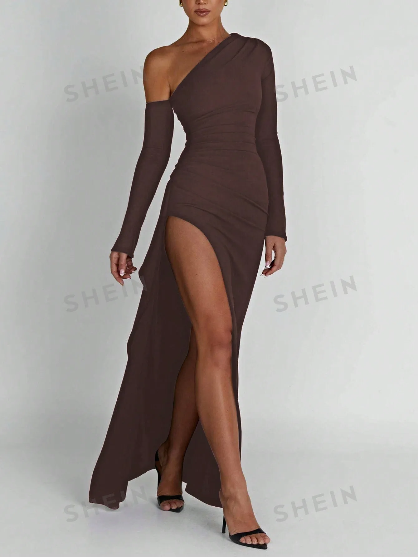 Asymmetrical Neck Split Thigh Ruched Side Dress