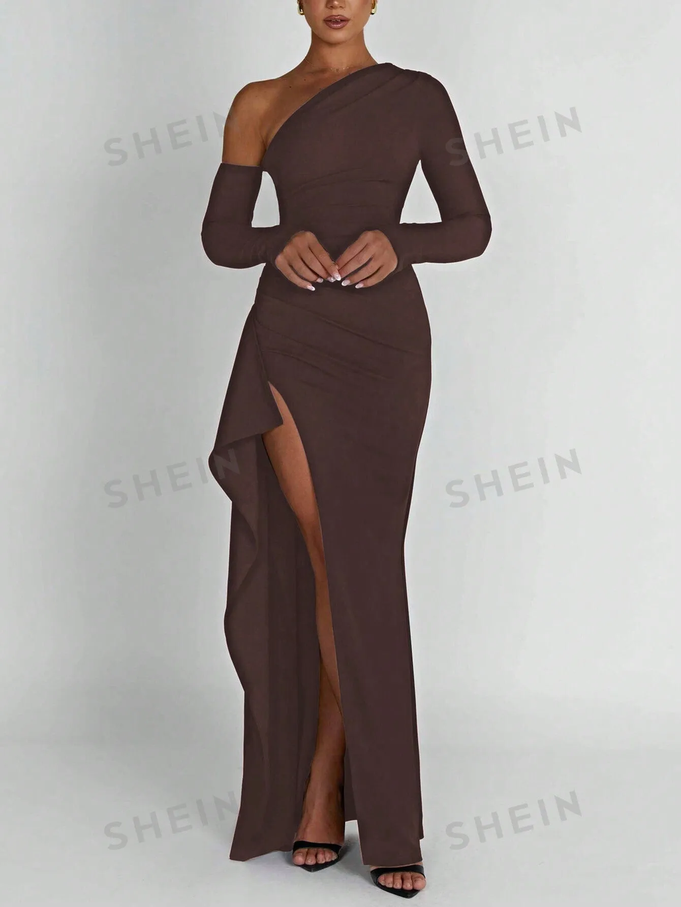 Asymmetrical Neck Split Thigh Ruched Side Dress