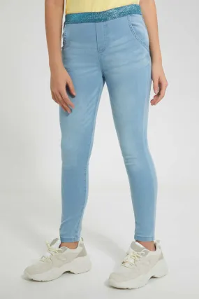 Blue Jegging With Glittered Waistband