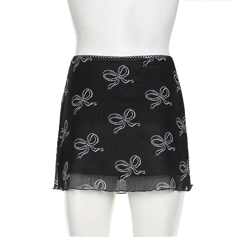 Bowknot print mesh mini skirt