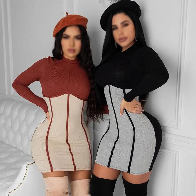 Fashion sexy round neck long sleeves hit color stitching fashion knitted slim fit hip dress women