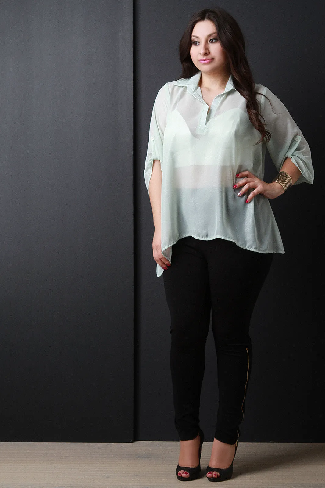 Glitter Chiffon Collared Top