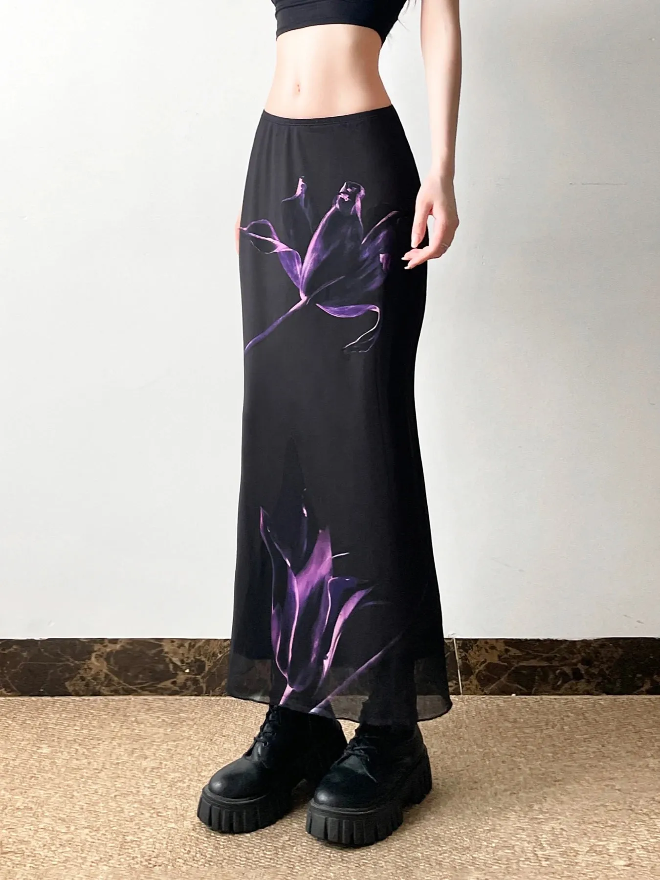 Goth Dark Black Printed Mesh Mid Waisted Maxi Skirt