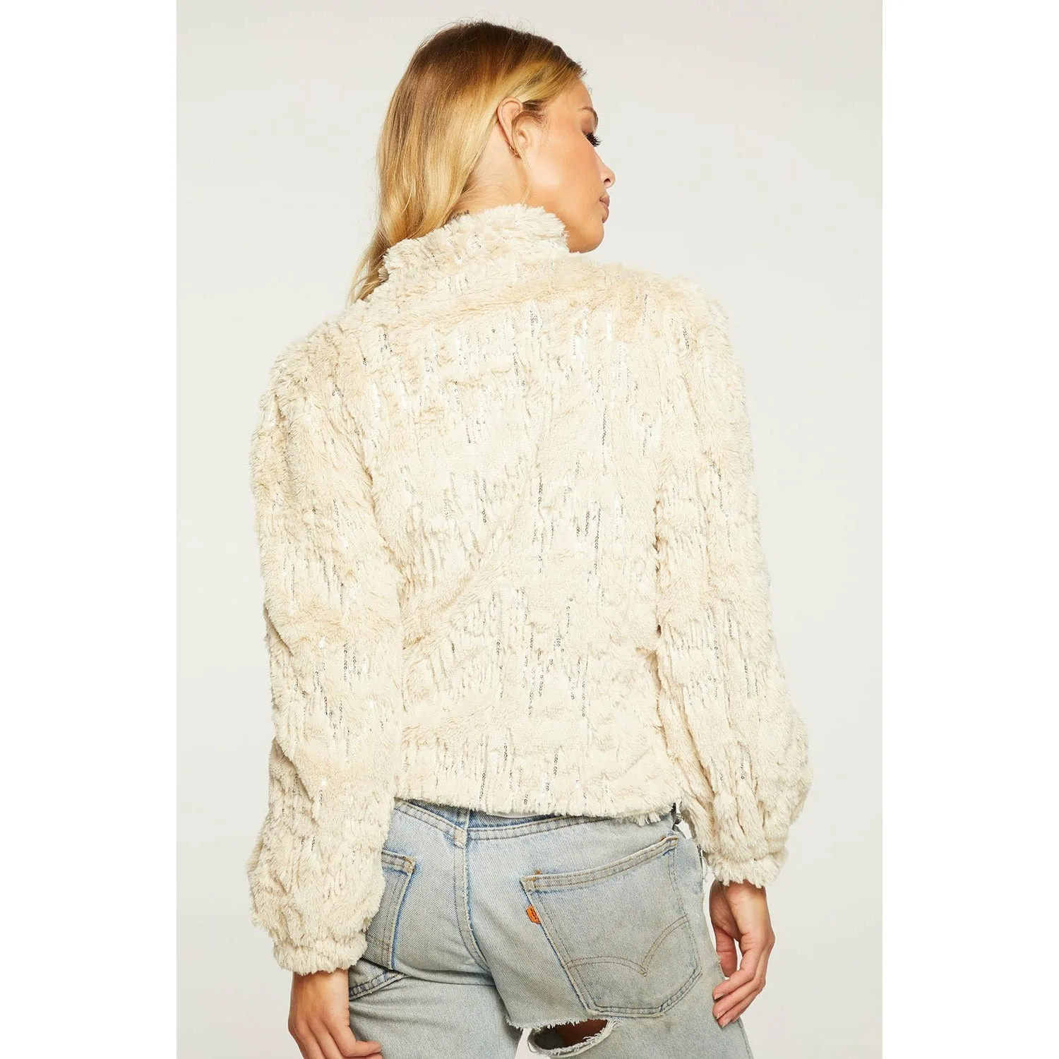 Sequin Faux Fur Puff Sleeve Jacket