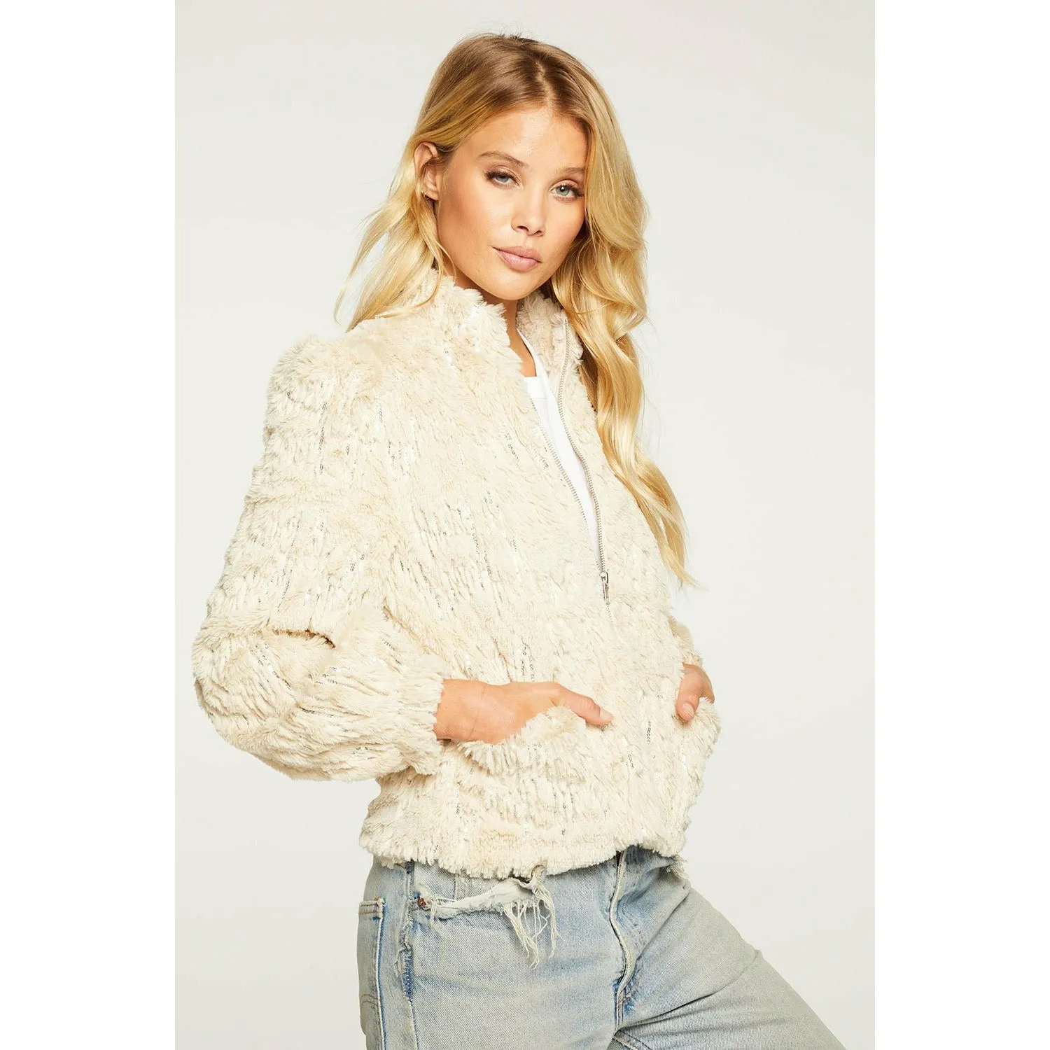 Sequin Faux Fur Puff Sleeve Jacket