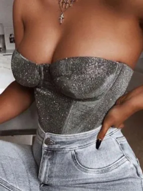 Strapless Bra Sexy Gray Glitter Short Top