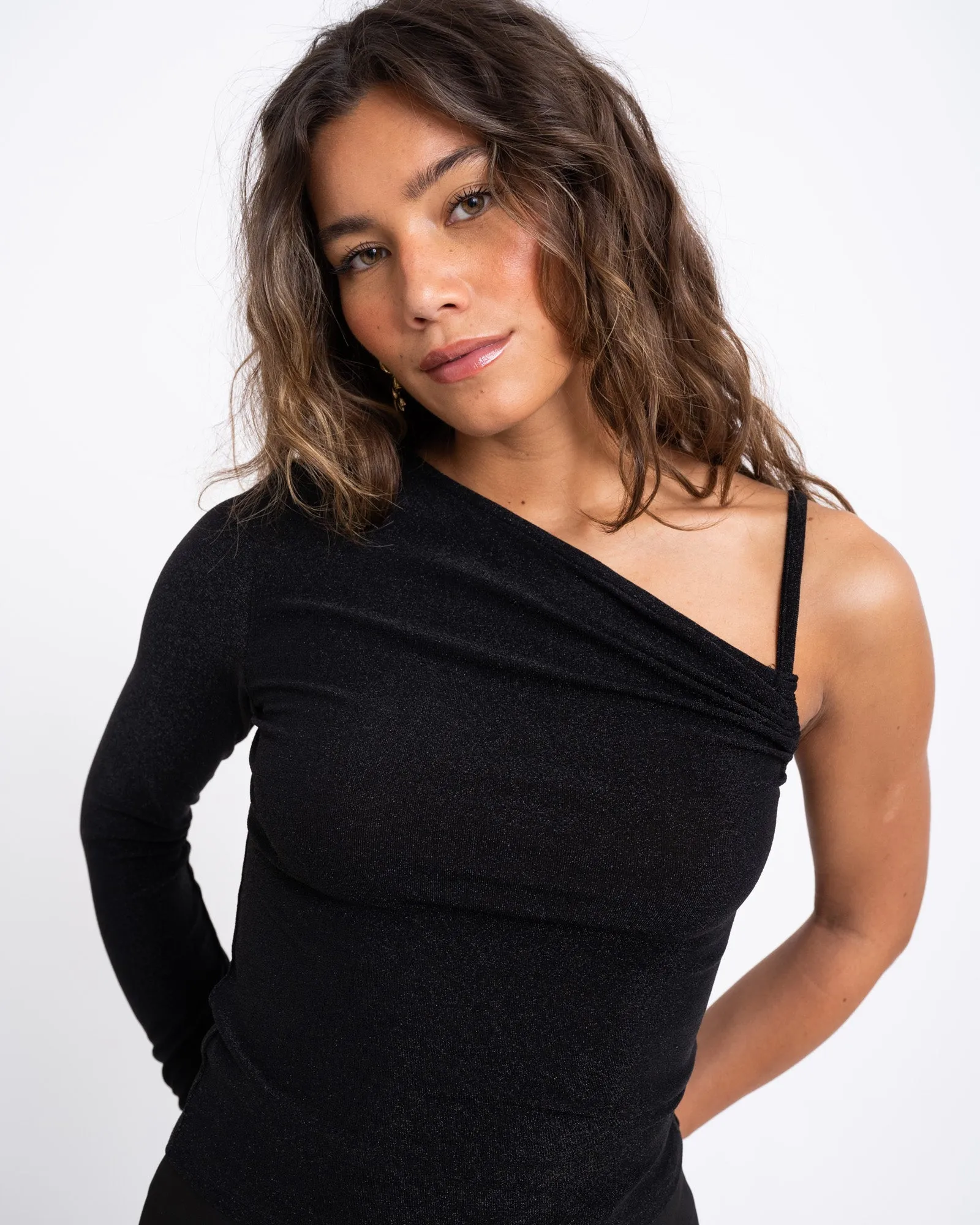 TILTIL Yara One Shoulder Black Glitter Top