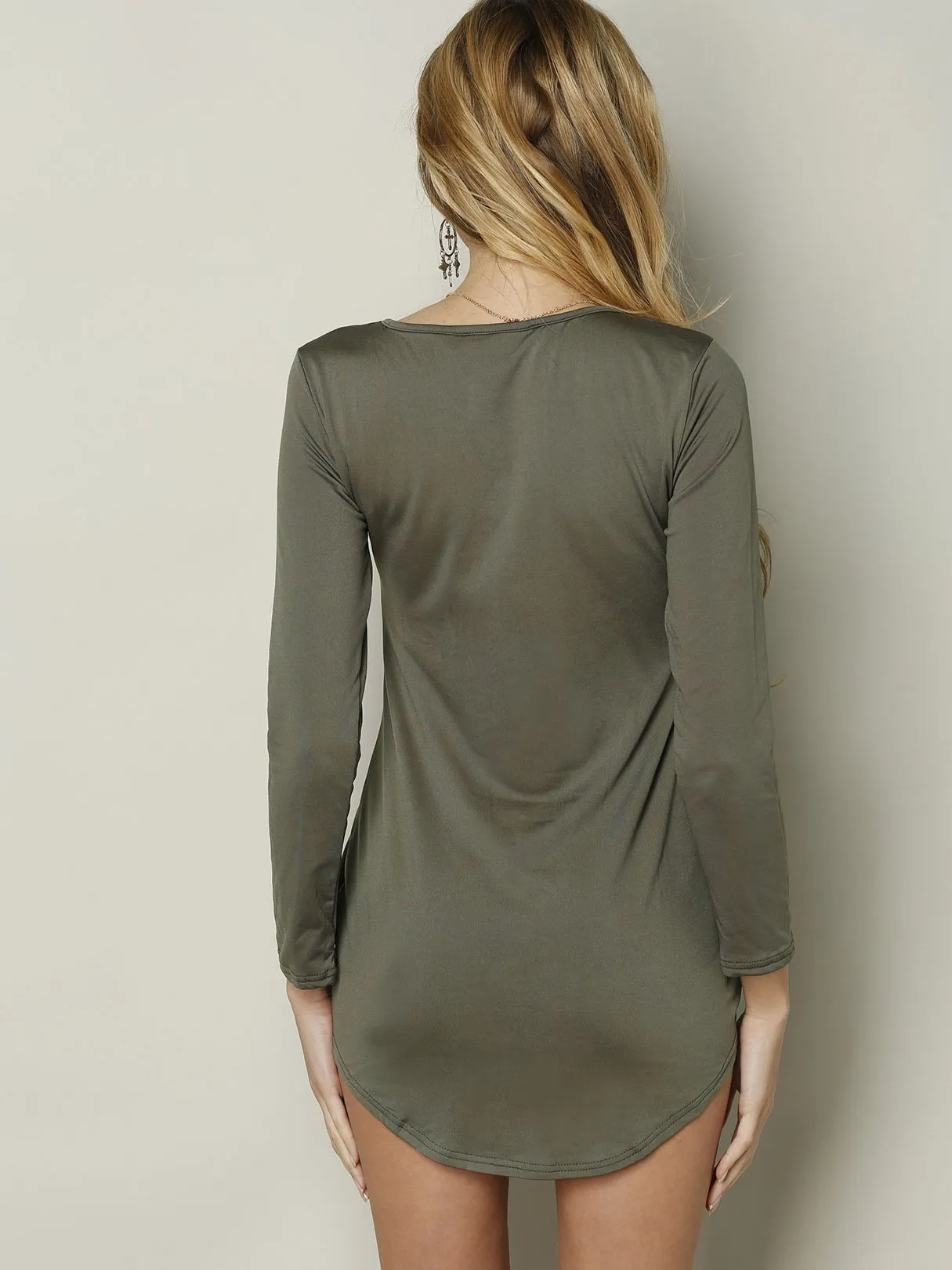 Wholesale Army Green Round Neck Long Sleeve Plain Dresses