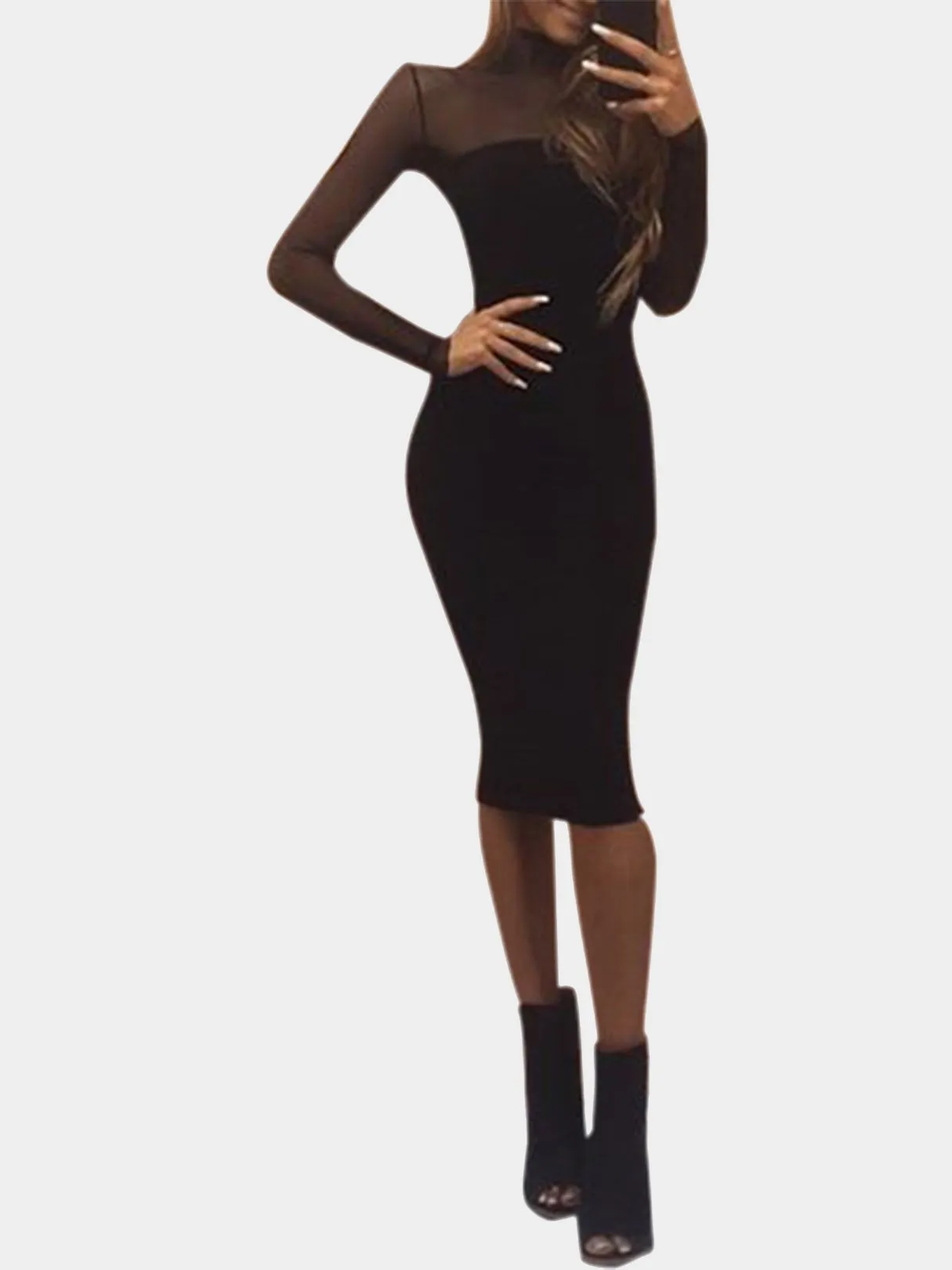 Wholesale Black Crew Neck Long Sleeve Plain Dresses