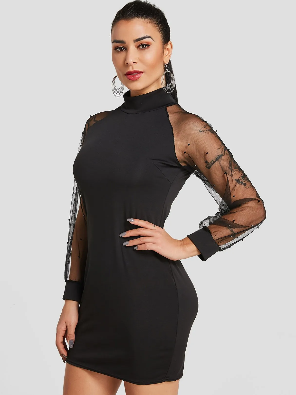 Wholesale Black Long Sleeve See Through Bodycon Dresses