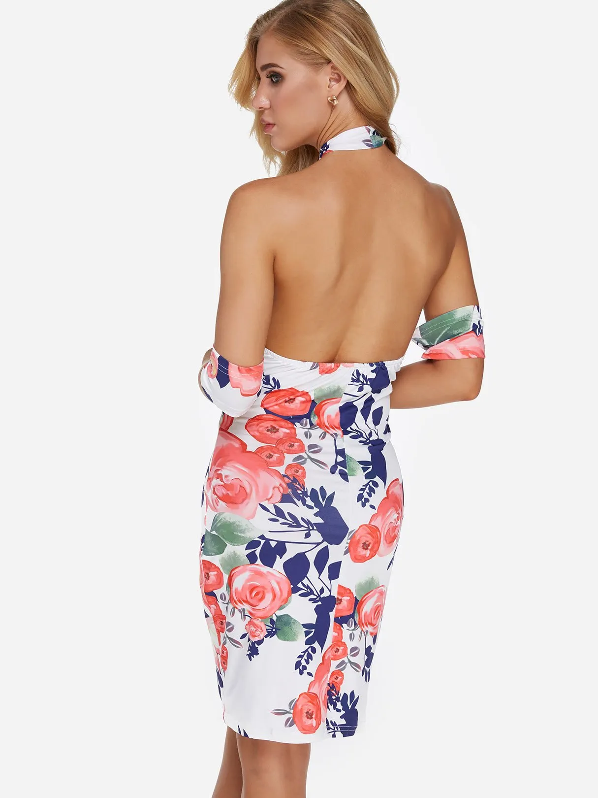 Wholesale Halter Floral Print Crossed Front Backless Cut Out Dresses