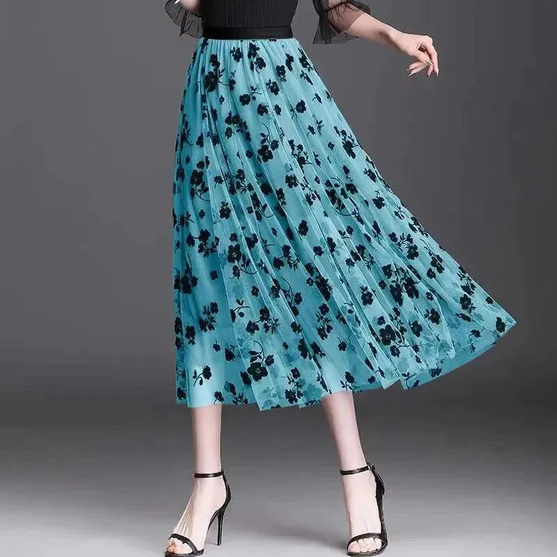 Women's Mesh Floral Long Gauze Skirt | High Waisted Graceful Puff Skirt for Spring Summer Autumn