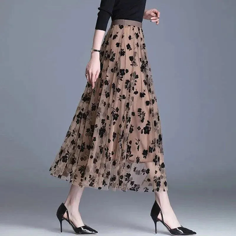 Women's Mesh Floral Long Gauze Skirt | High Waisted Graceful Puff Skirt for Spring Summer Autumn