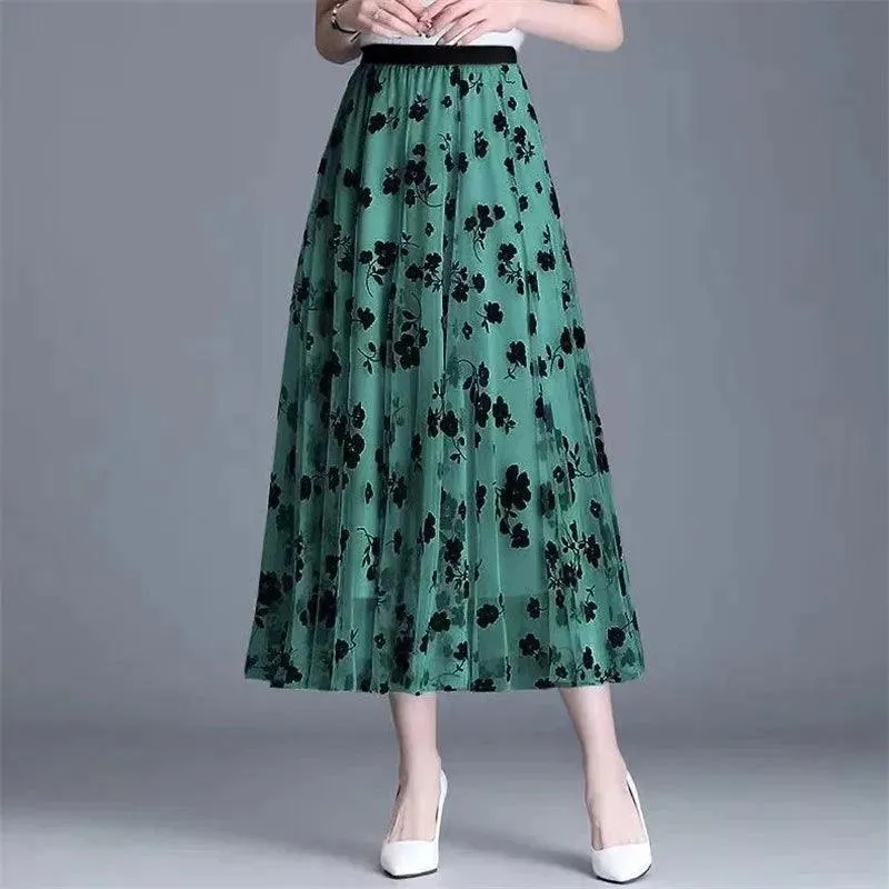 Women's Mesh Floral Long Gauze Skirt | High Waisted Graceful Puff Skirt for Spring Summer Autumn