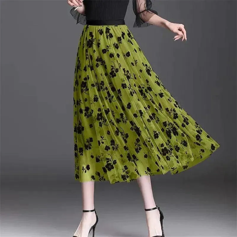 Women's Mesh Floral Long Gauze Skirt | High Waisted Graceful Puff Skirt for Spring Summer Autumn