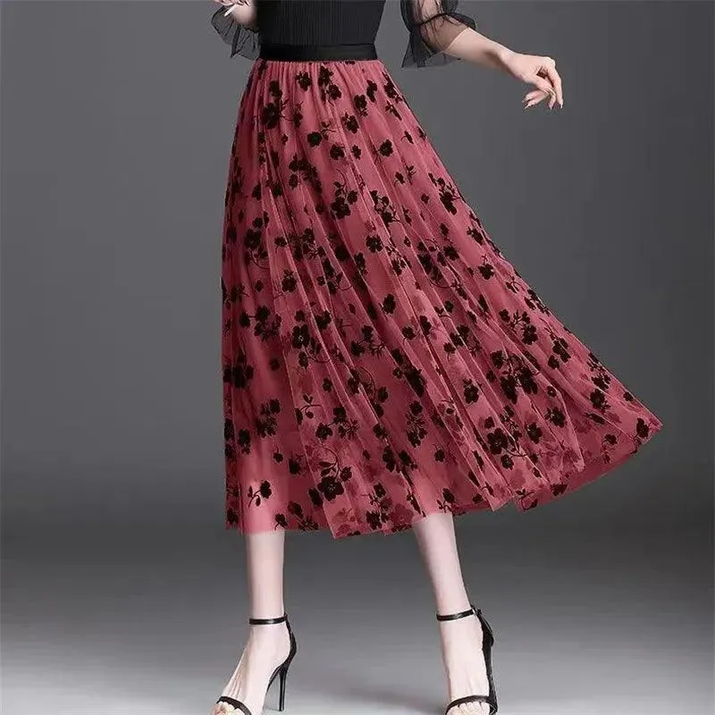 Women's Mesh Floral Long Gauze Skirt | High Waisted Graceful Puff Skirt for Spring Summer Autumn