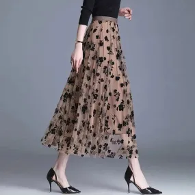 Women's Mesh Floral Long Gauze Skirt | High Waisted Graceful Puff Skirt for Spring Summer Autumn