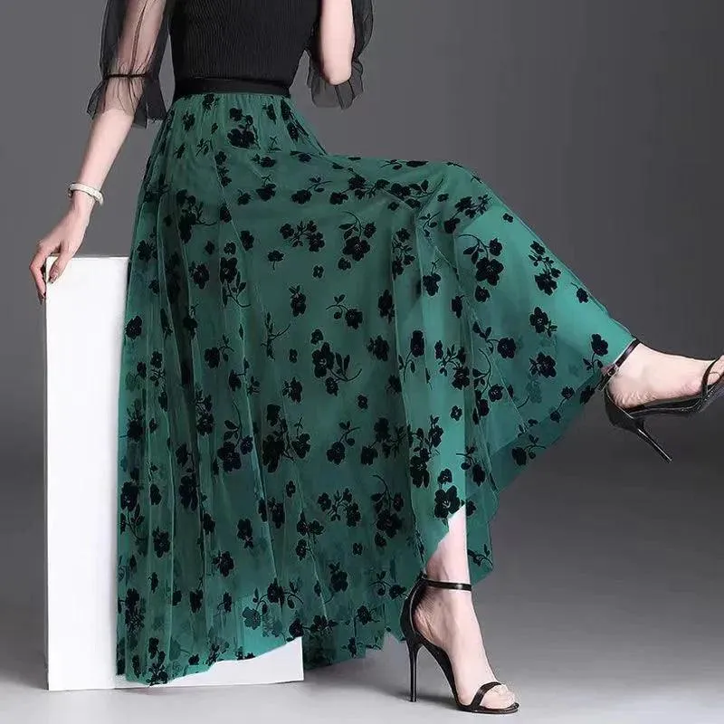 Women's Mesh Floral Long Gauze Skirt | High Waisted Graceful Puff Skirt for Spring Summer Autumn