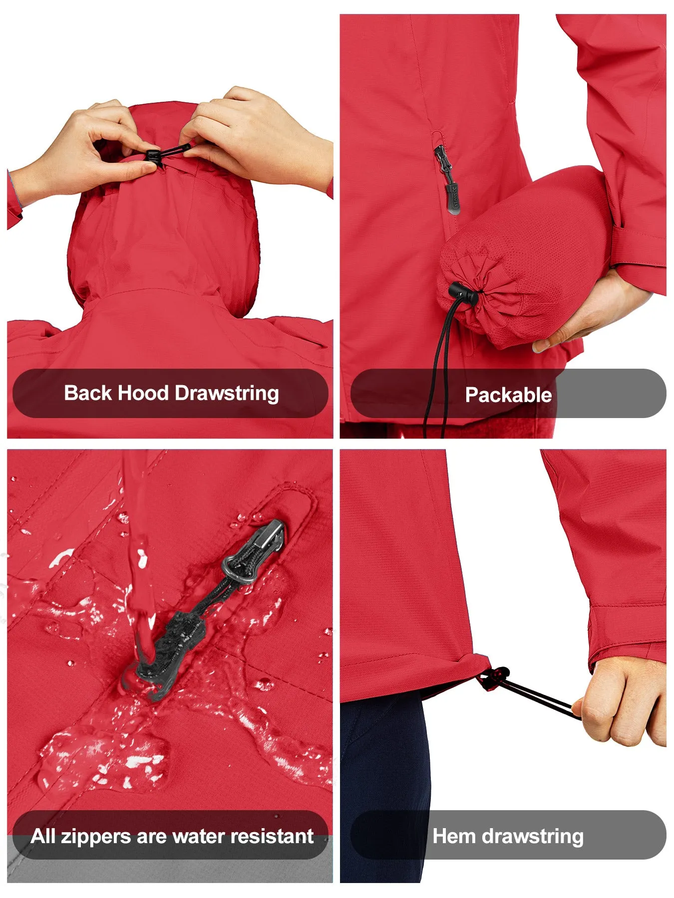 Women's Packable Rain Jacket with 4 Pockets: 1.10 lbs 10000mm W/P index 10000 Level Breathable