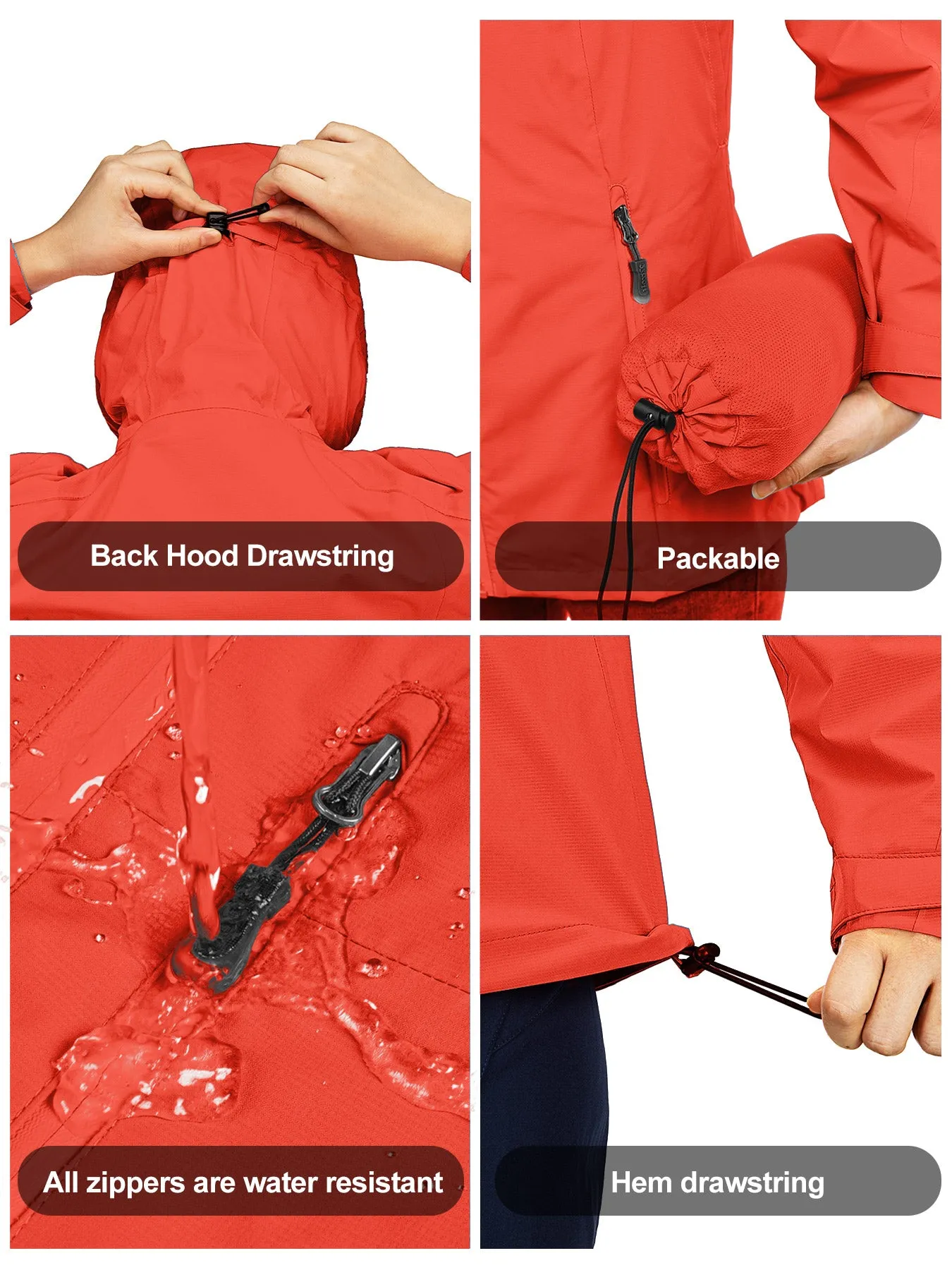 Women's Packable Rain Jacket with 4 Pockets: 1.10 lbs 10000mm W/P index 10000 Level Breathable