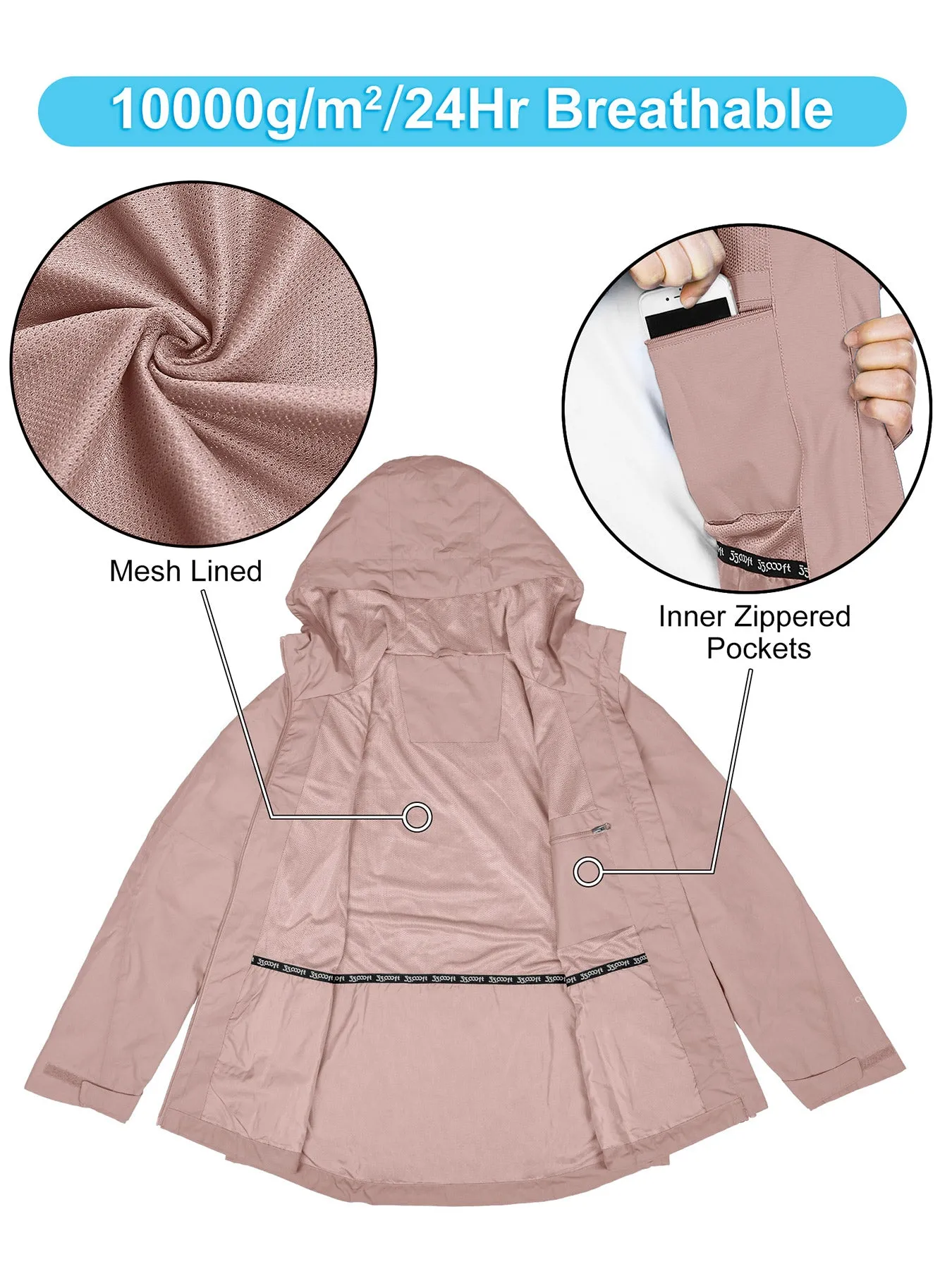 Women's Packable Rain Jacket with 4 Pockets: 1.10 lbs 10000mm W/P index 10000 Level Breathable