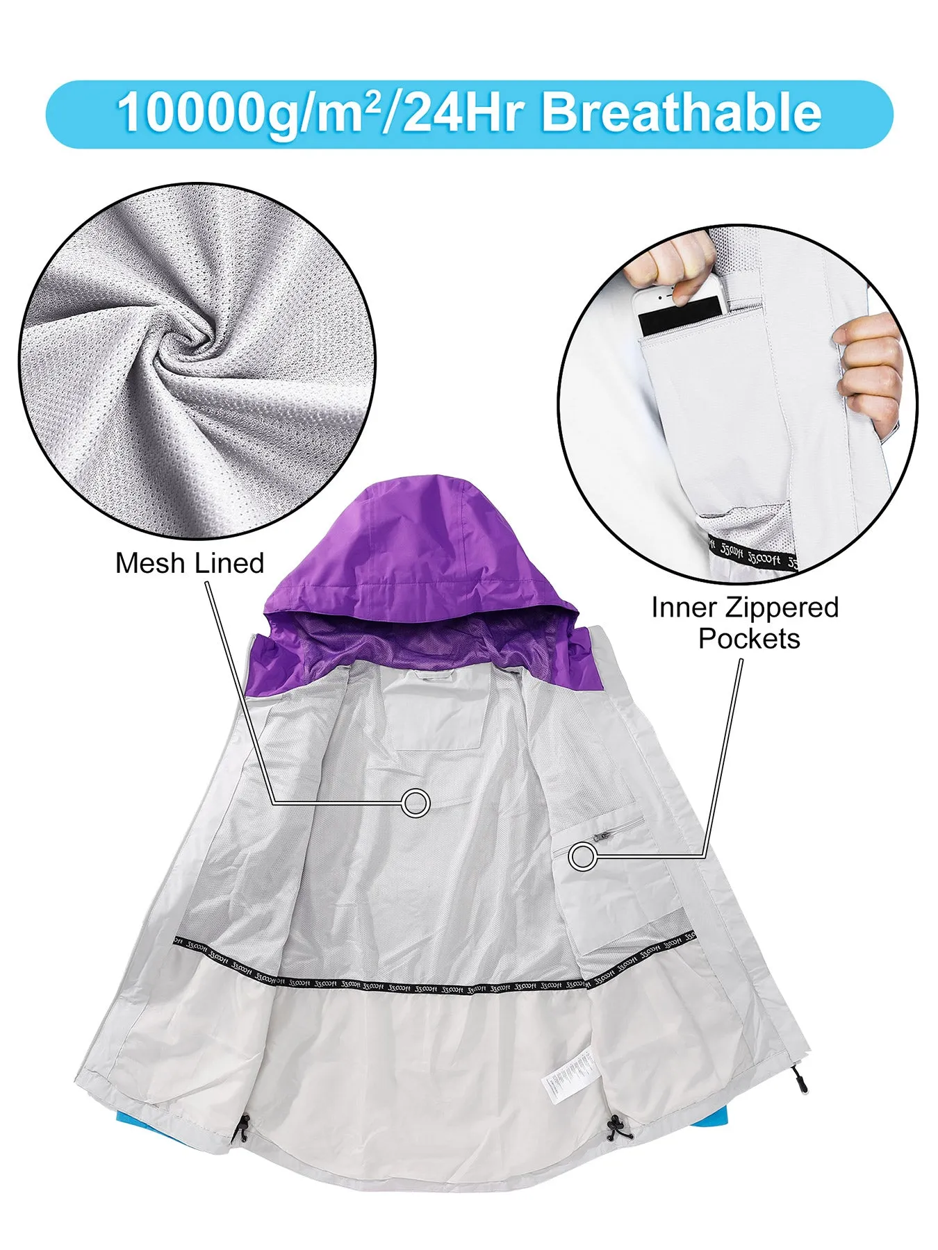 Women's Packable Rain Jacket with 4 Pockets: 1.10 lbs 10000mm W/P index 10000 Level Breathable