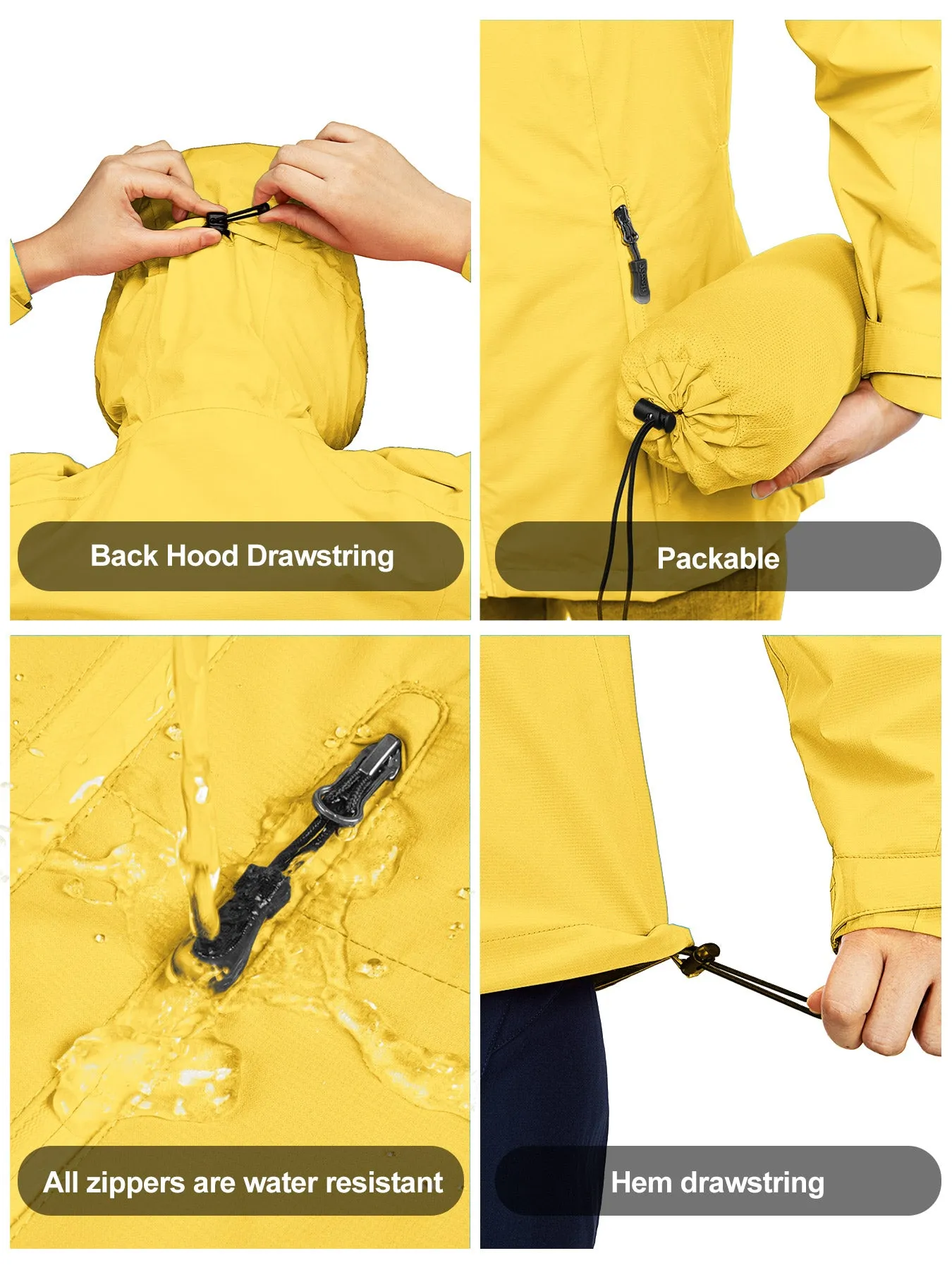 Women's Packable Rain Jacket with 4 Pockets: 1.10 lbs 10000mm W/P index 10000 Level Breathable