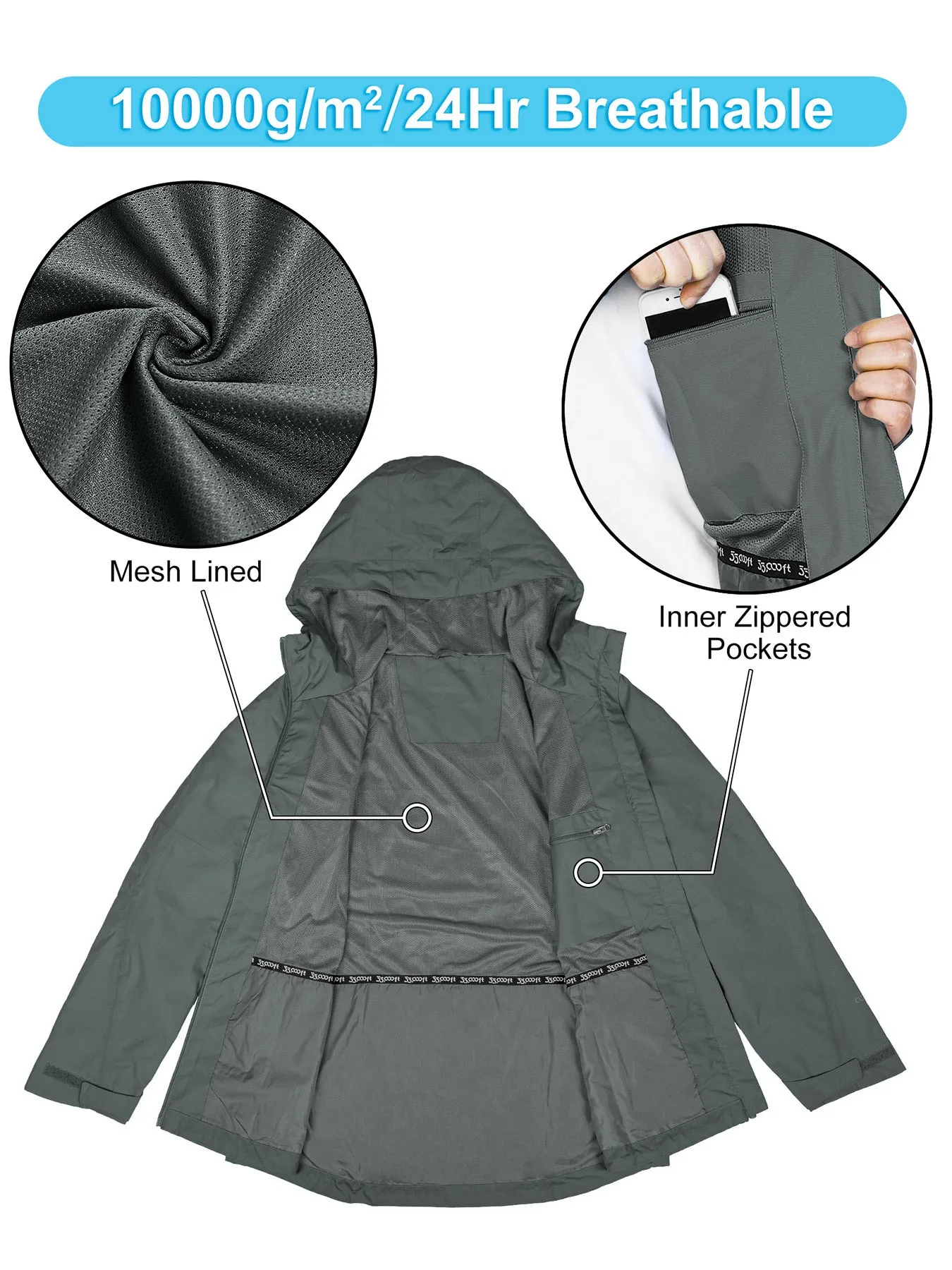 Women's Packable Rain Jacket with 4 Pockets: 1.10 lbs 10000mm W/P index 10000 Level Breathable