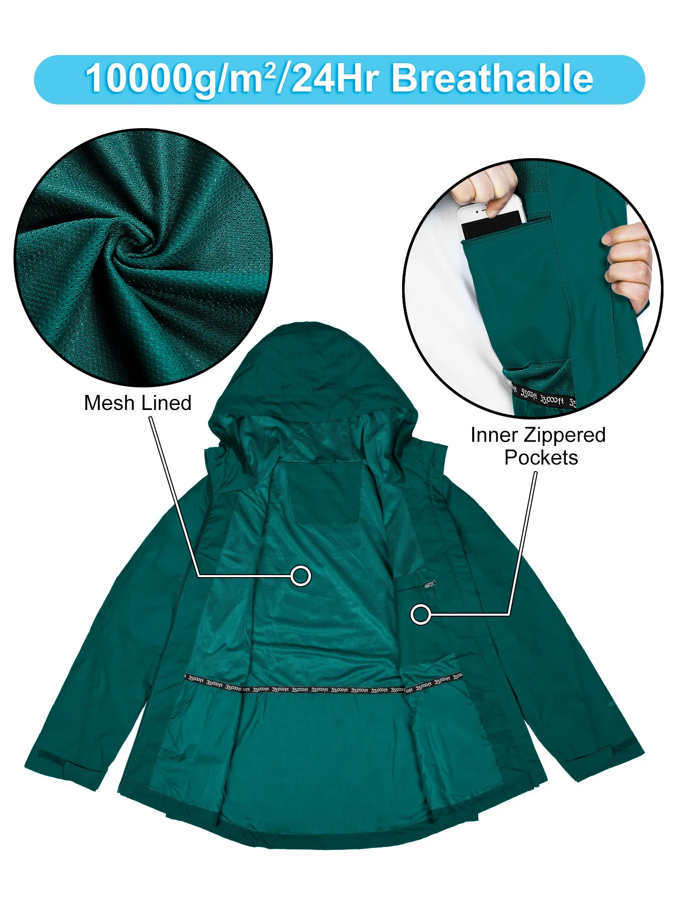 Women's Packable Rain Jacket with 4 Pockets: 1.10 lbs 10000mm W/P index 10000 Level Breathable