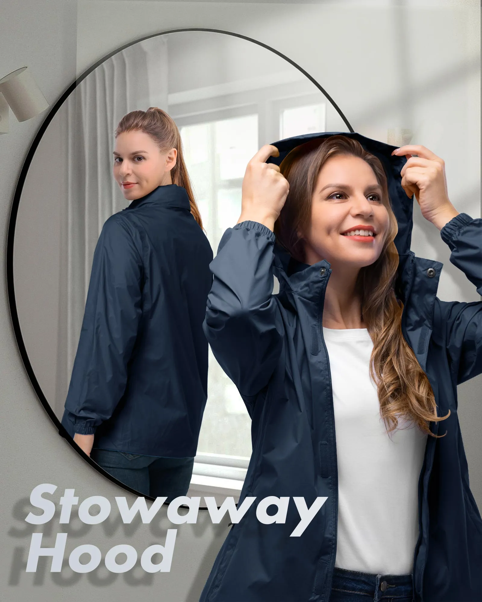 Women's Packable Rain Jacket with Hideaway Hood and 4 Pockets: 0.64 lbs 5000mm W/P 5000 Level Breathable