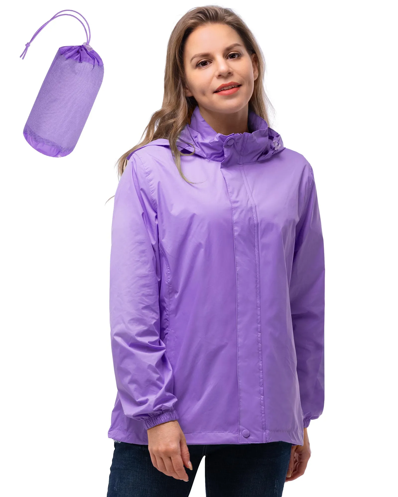 Women's Packable Rain Jacket with Hideaway Hood and 4 Pockets: 0.64 lbs 5000mm W/P 5000 Level Breathable