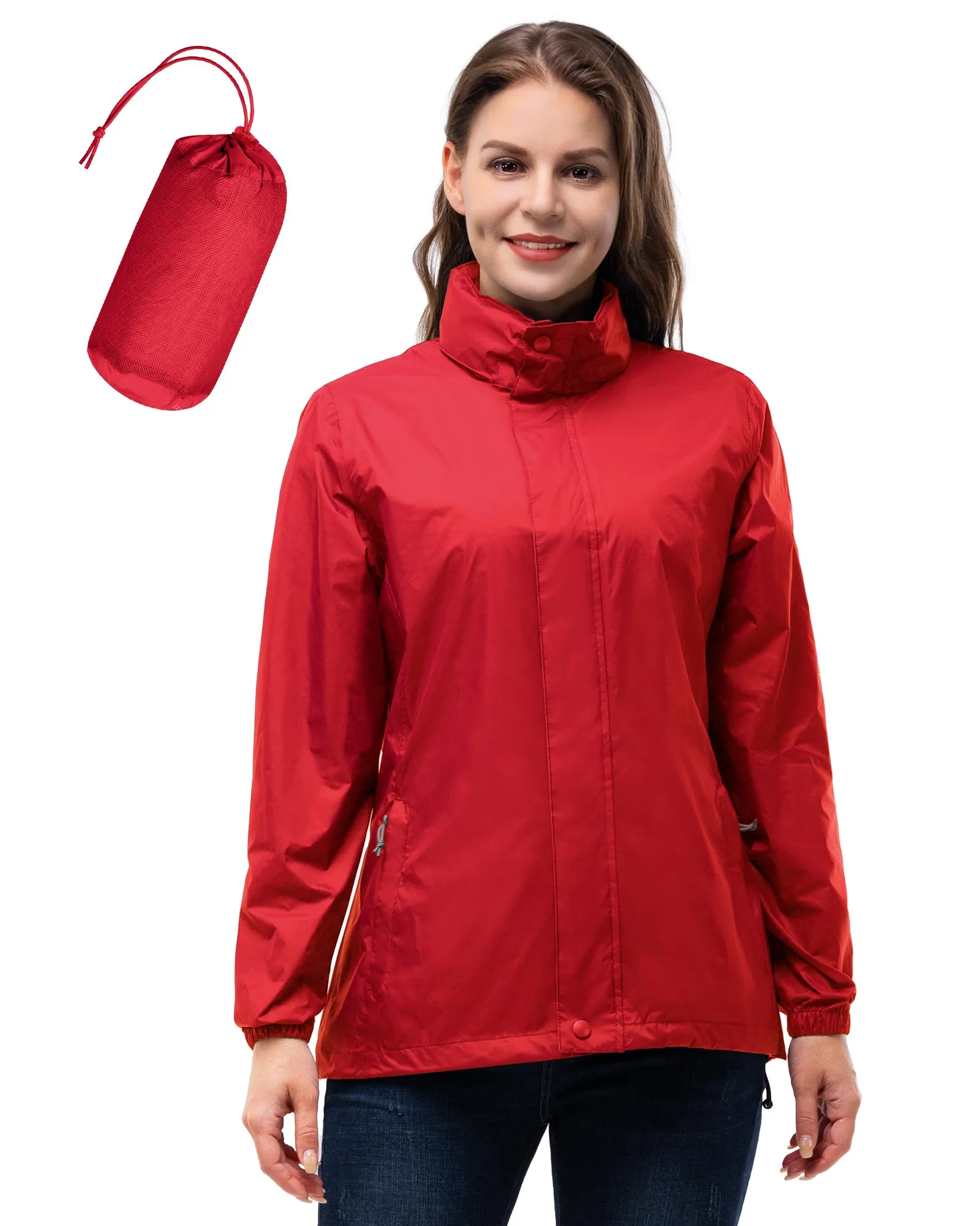 Women's Packable Rain Jacket with Hideaway Hood and 4 Pockets: 0.64 lbs 5000mm W/P 5000 Level Breathable