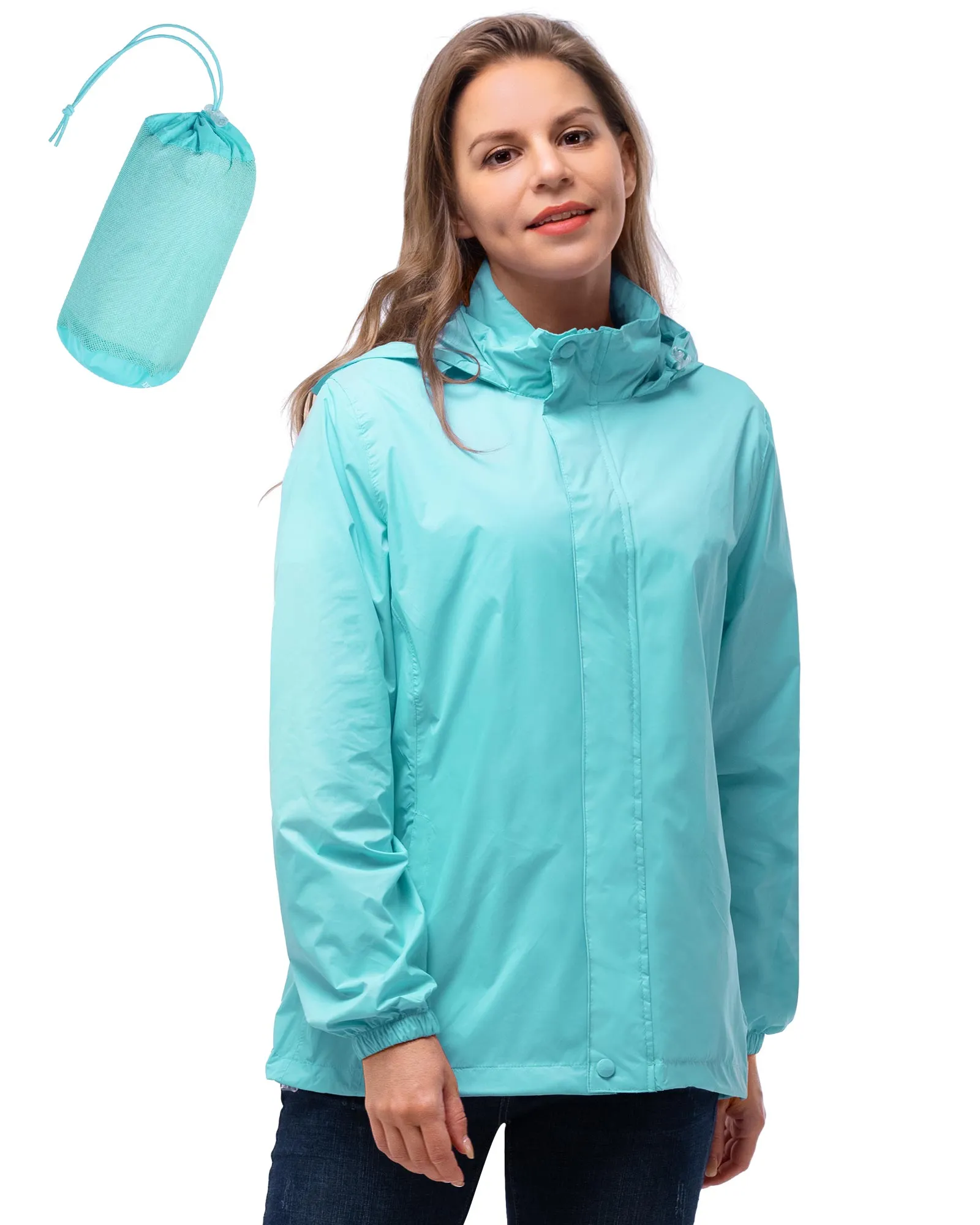 Women's Packable Rain Jacket with Hideaway Hood and 4 Pockets: 0.64 lbs 5000mm W/P 5000 Level Breathable