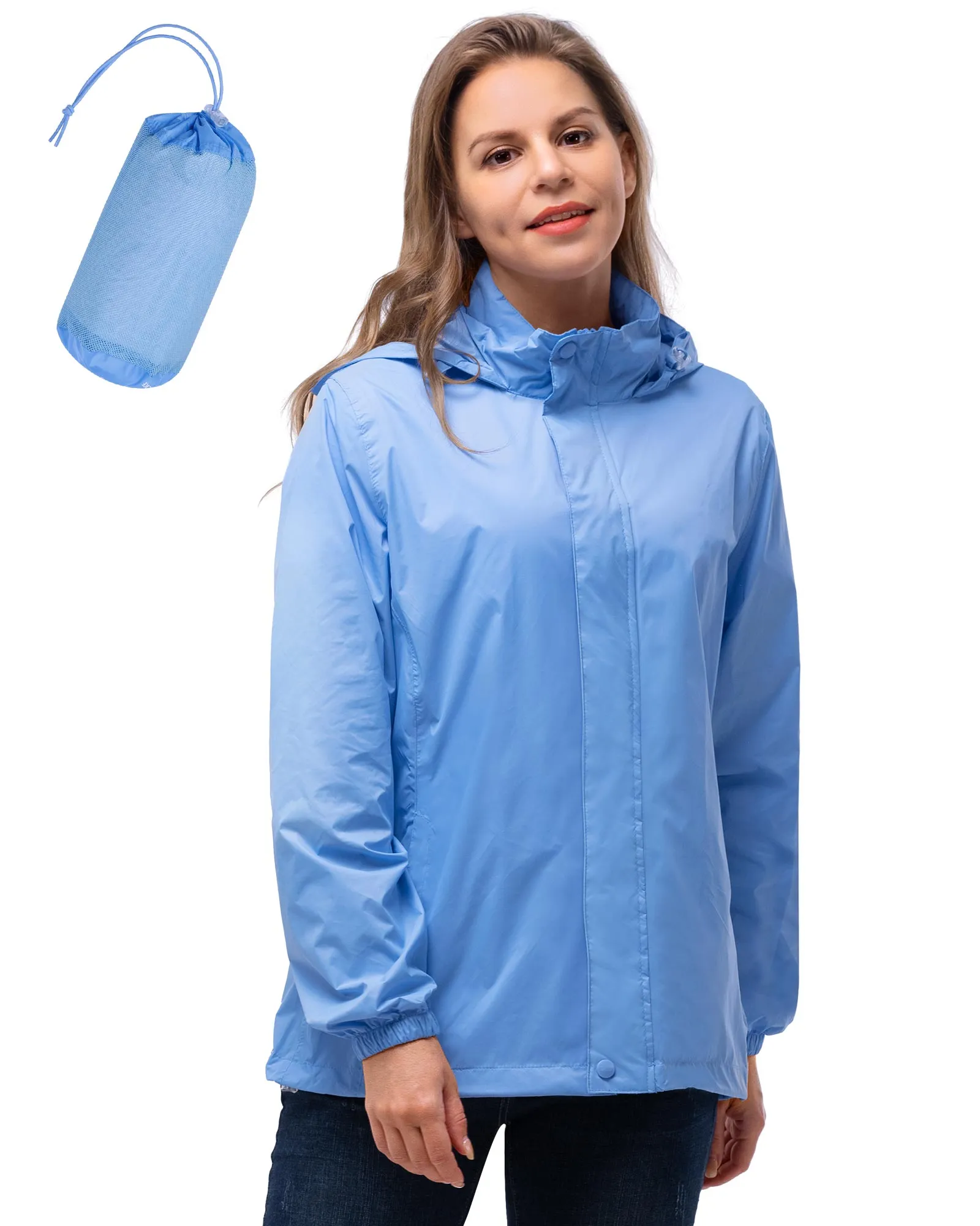 Women's Packable Rain Jacket with Hideaway Hood and 4 Pockets: 0.64 lbs 5000mm W/P 5000 Level Breathable