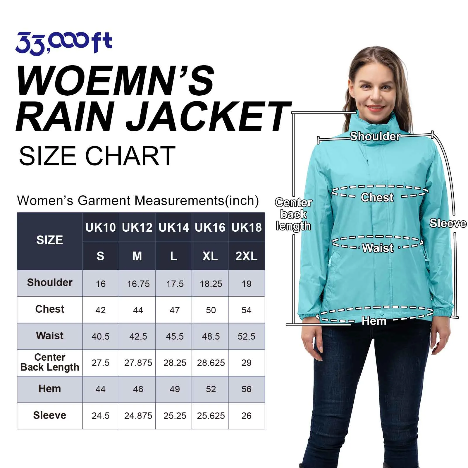 Women's Packable Rain Jacket with Hideaway Hood and 4 Pockets: 0.64 lbs 5000mm W/P 5000 Level Breathable