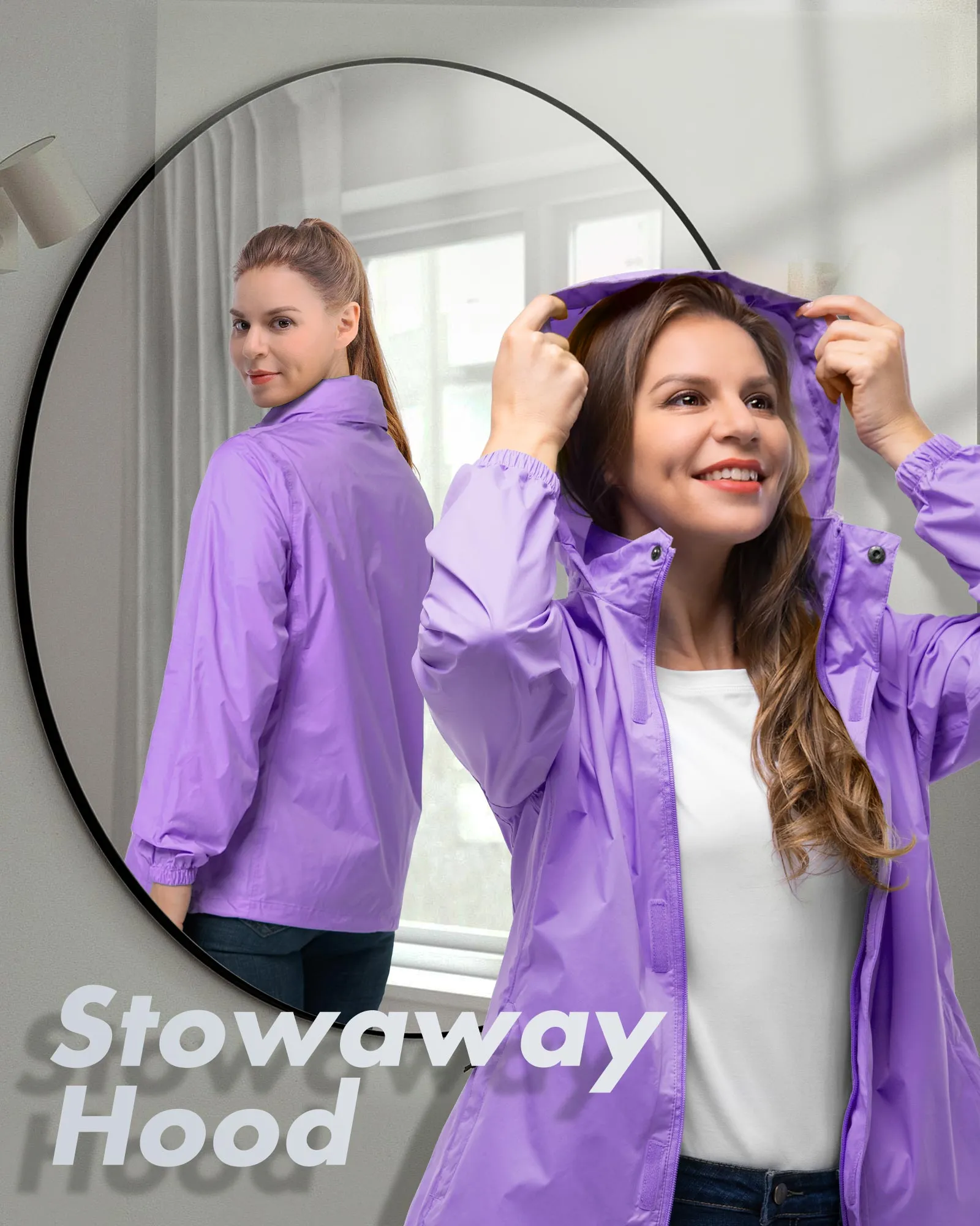 Women's Packable Rain Jacket with Hideaway Hood and 4 Pockets: 0.64 lbs 5000mm W/P 5000 Level Breathable